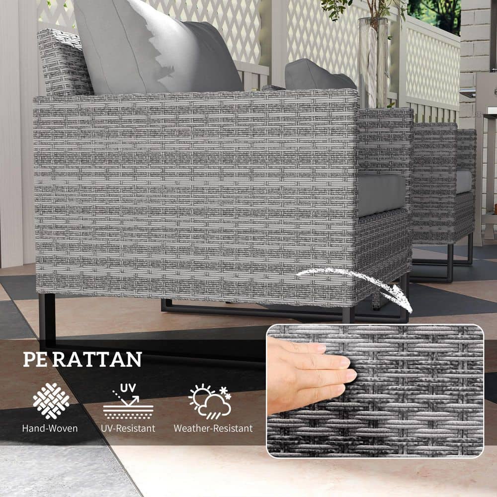Gray Wicker Bistro Set with Cushions and Glass Table