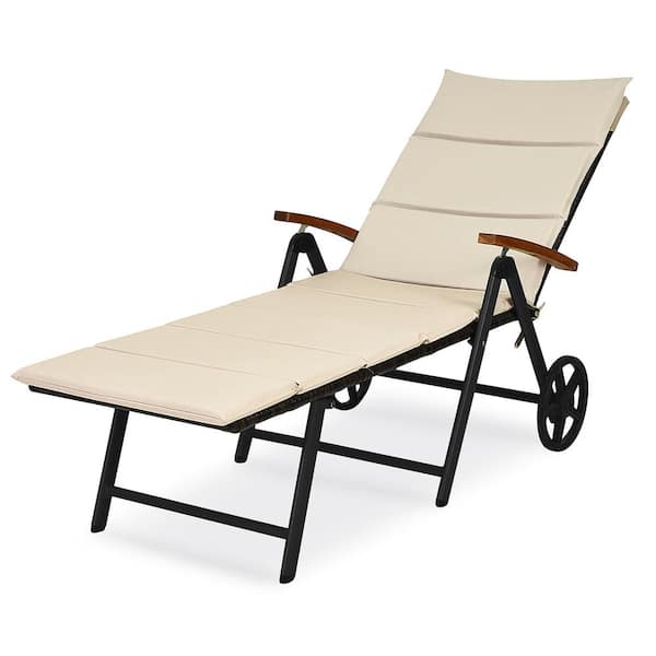 Costway Folding Metal Outdoor Lounge Chair Chaise Chair with Beige Cushions
