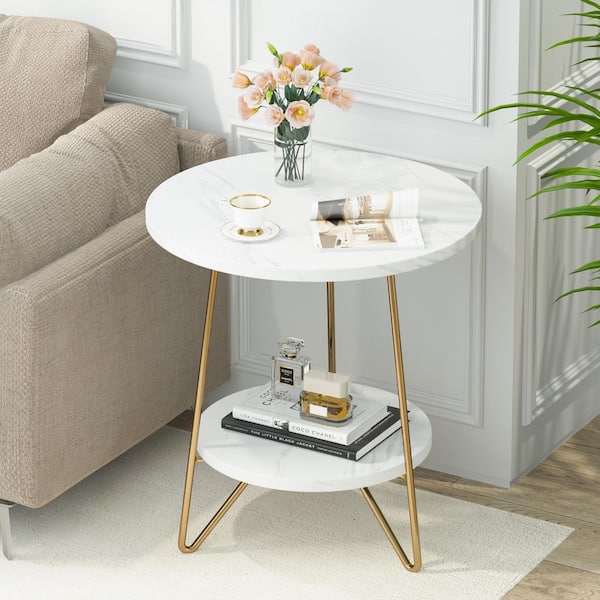 Kerlin 19 in. White&Gold Round Wood End Table with 2 Tier Storage Shelf, Modern Faux Marble Side Table Nightstand