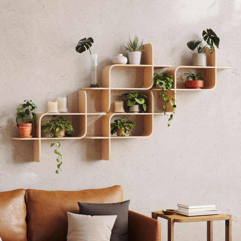 Elias Light Walnut Rubberwood Modern Wall Shelf