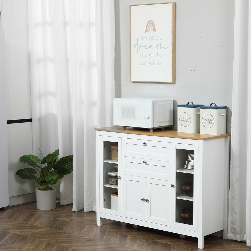 White Rubber Wood Top Sideboard with Glass Doors