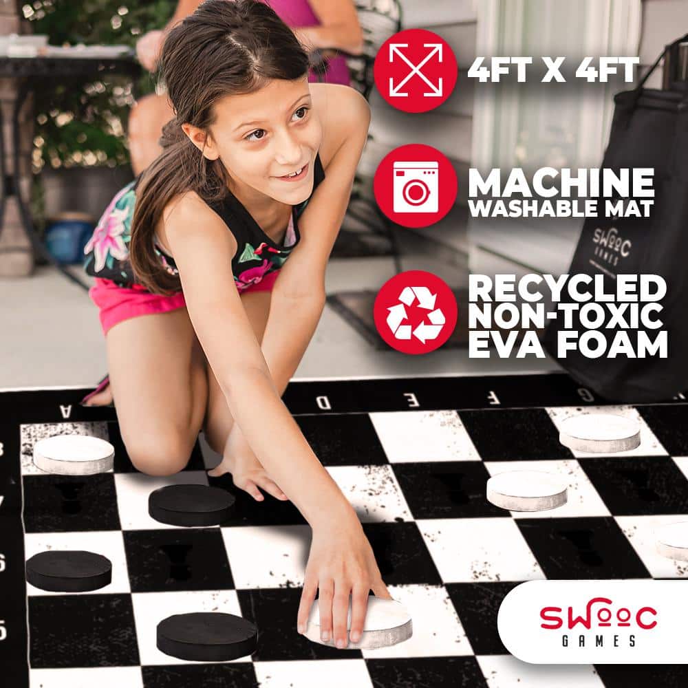 3-in-1 Giant Checkers, Chess, & Chess Tac Toe Game With Mat (4ft x 4ft) - Machine-Washable Canvas & 5 Big Foam Discs