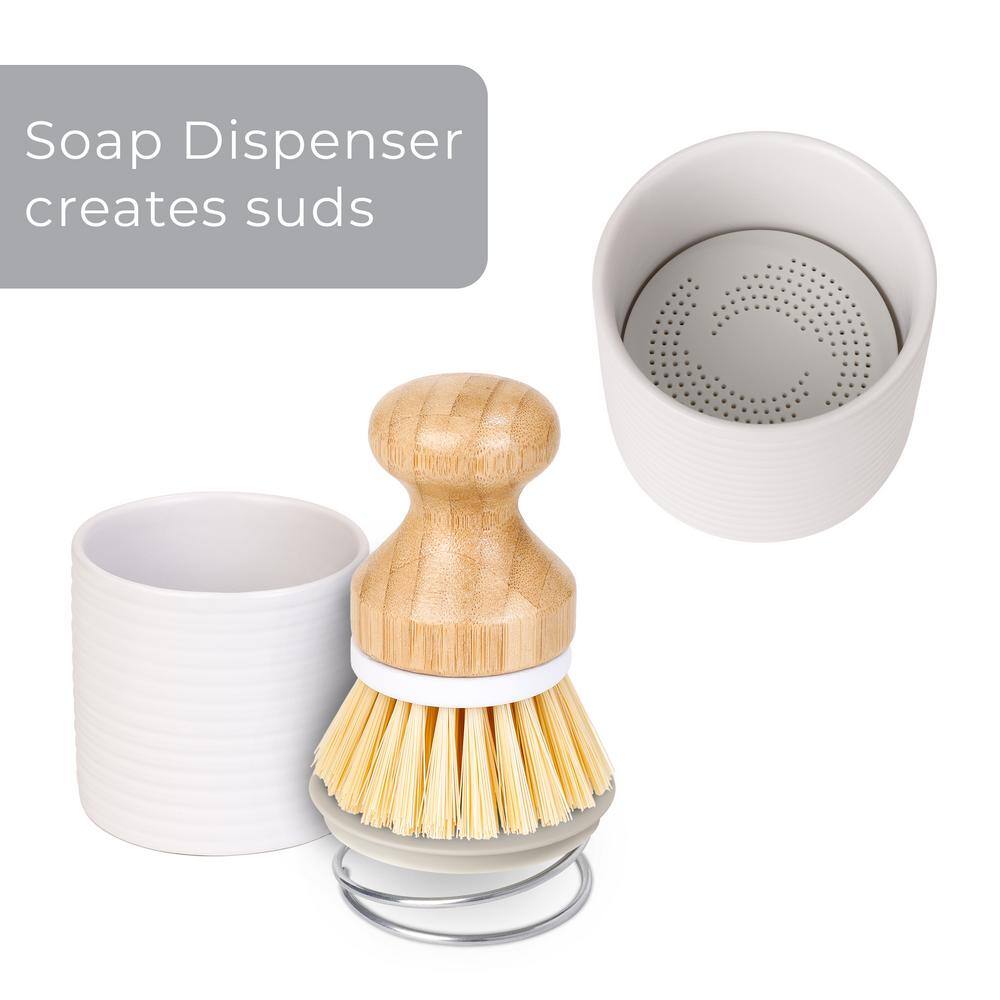 White Ceramic Soap Pump and Brush Set with Tray