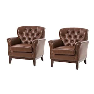 Bud Traditional Genuine Brown Leather Accent Chair Set of 2 with Solid Wood Legs and Nailheads