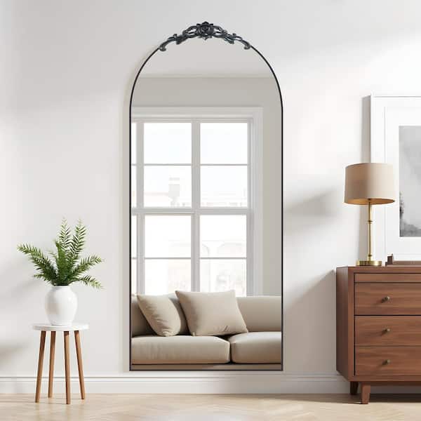 Dovelina 31 in. W x 71 in. H Arched Removable Carved Flower Black Aluminum Framed Full Length Mirror Standing Floor Mirror