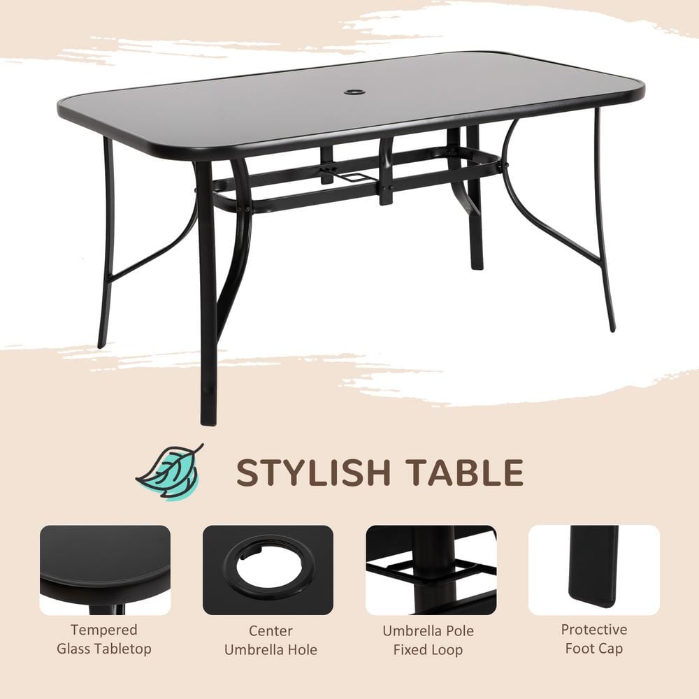 Black 6-Person Outdoor Dining Set with Glass Table and Umbrella