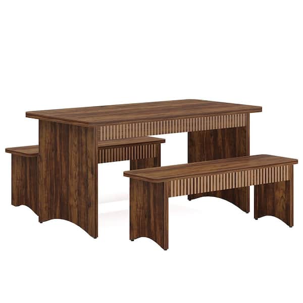 BYBLIGHT Halan 3-Piece Rectangle Rustic Brown Wood Top Dining Table Set Seats 4 Farmhouse Dining Room Table Set for Kitchen