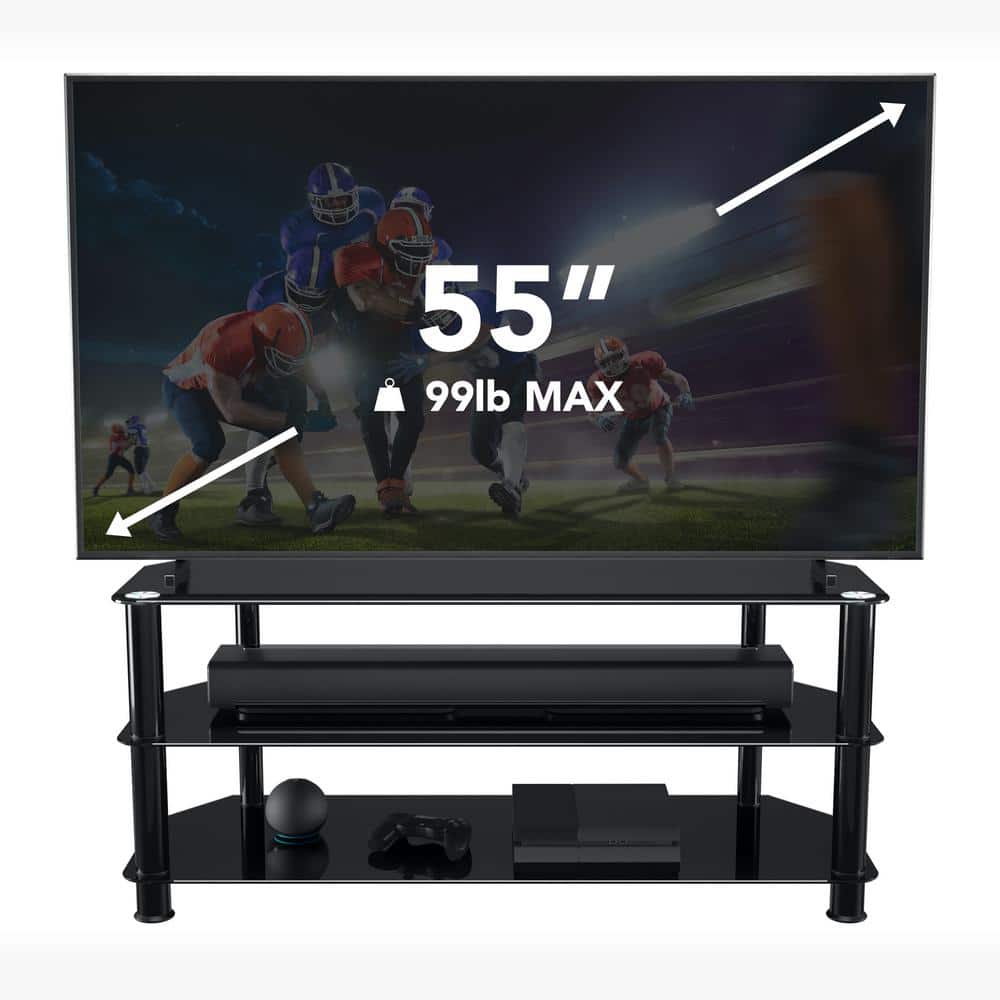 Modern Black Aluminum Corner TV Stand with Glass Shelves