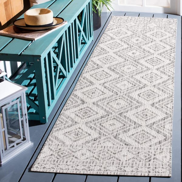 Courtyard Light Gray/Dark Gray 2 ft. x 8 ft. Border Diamond Indoor/Outdoor Runner Rug