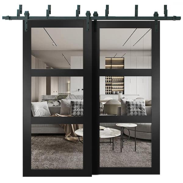 84 in. x 96 in. 2 Panel Clear Glass Black Matte Solid Wood Sliding Barn Door with Hardware Kit