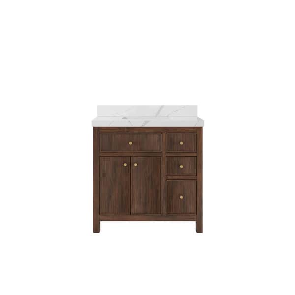 Sonoma Teak 36 in. Single Sink Freestanding Dark Walnut Bath Vanity with Calcutta Laza Quartz Top Unassembled