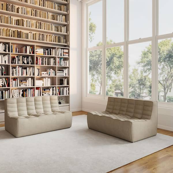 55 in. Khaki Modular Fireside Lazy Floor Sofa Couch Linen 2-Seater Loveseat Sectional Sofa for Living Room, Apartment