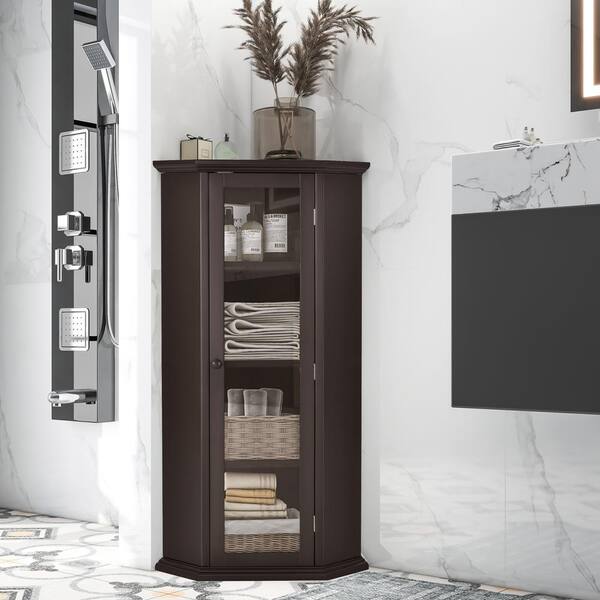 Unbranded 22.44 in. W x 15.75 in. D x 42.32 in. H Black Brown MDF Board Freestanding Linen Cabinet with Glass Door