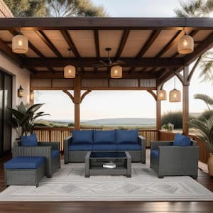 Outdoor 7-Piece Wicker Patio Conversation Set with Blue Cushions