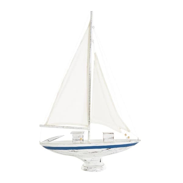 White Wood Distressed Sail Boat Sculpture with Brown Beaded Accents