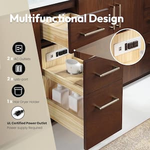 San 84 in.W x 22 in.D x 33.8 in.H Double Sink Bath Vanity in Natural Walnut with White Composite Stone Top and Mirror