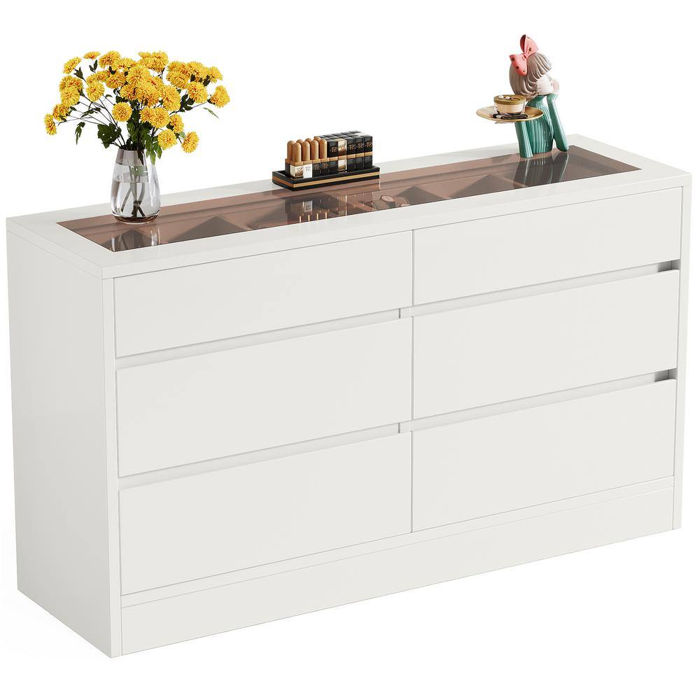 White 6 Drawer 55.12 in. Wide Chest of Drawers with Jewelry Display Storage, Modern Double Dresser with Glass Top