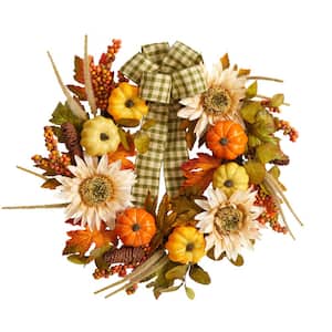 24 in. Orange Fall Pumpkin, Sunflower Artificial Autumn Wreath with Decorative Ribbon