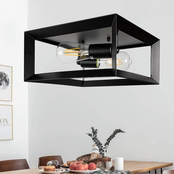 2-Light Black Farmhouse Caged Square Flush Mount Industrial Vintage Ceiling Lighting