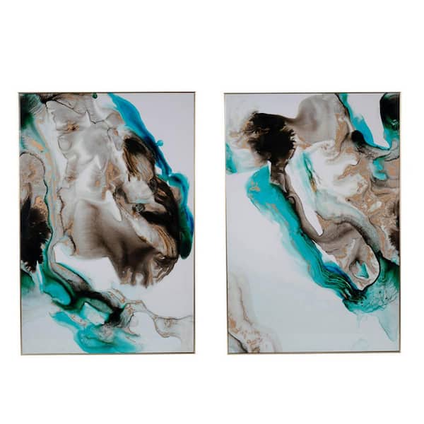 Benjara Blue, Gold, White and Brown Wooden Framed Abstract Decor Portrait Wall Art Print (Set of 2)