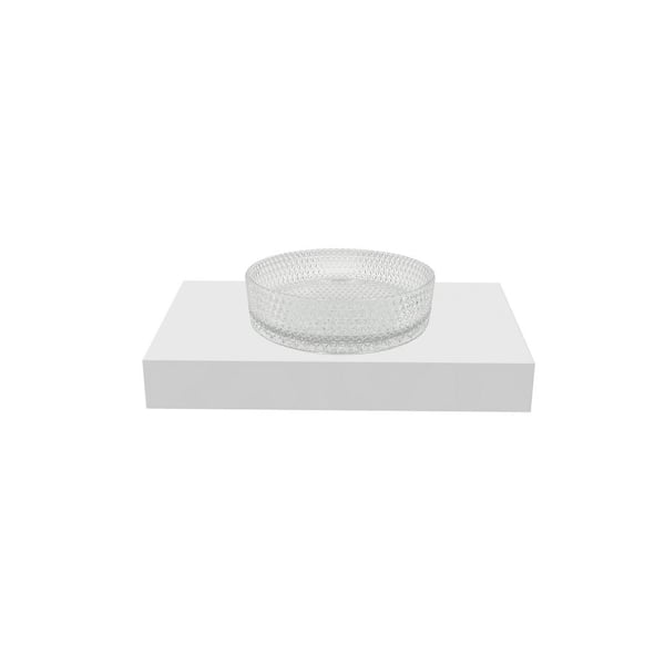 30 in. Wall Mounted Bathroom Countertop Shelf in White Solid Surface with Clear Round Glass Vessel Sink