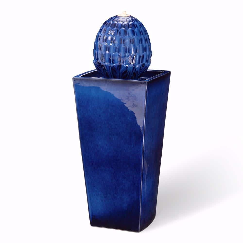 Tall Cobalt Blue Ceramic Artichoke Pedestal Fountain with LED Light
