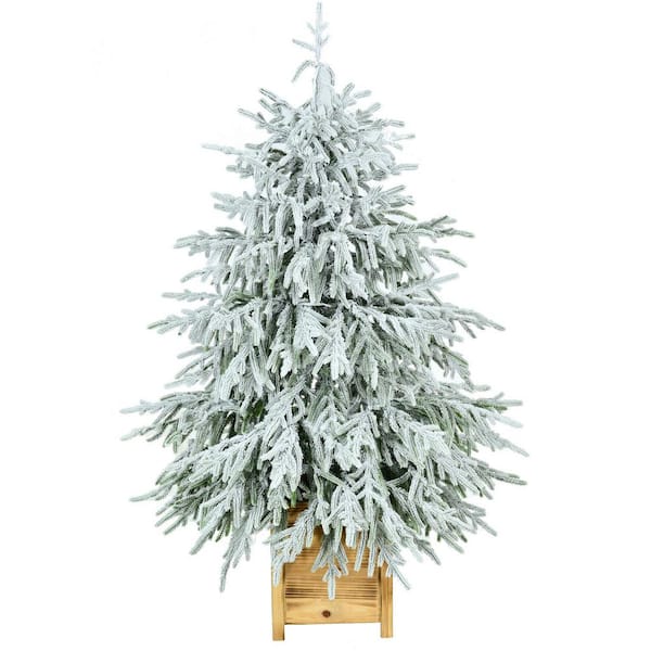 4 ft. Prelit Light Flocked Potted Porch Pine Artificial Christmas Tree with 150 3-Function White MicroDot LED Lights