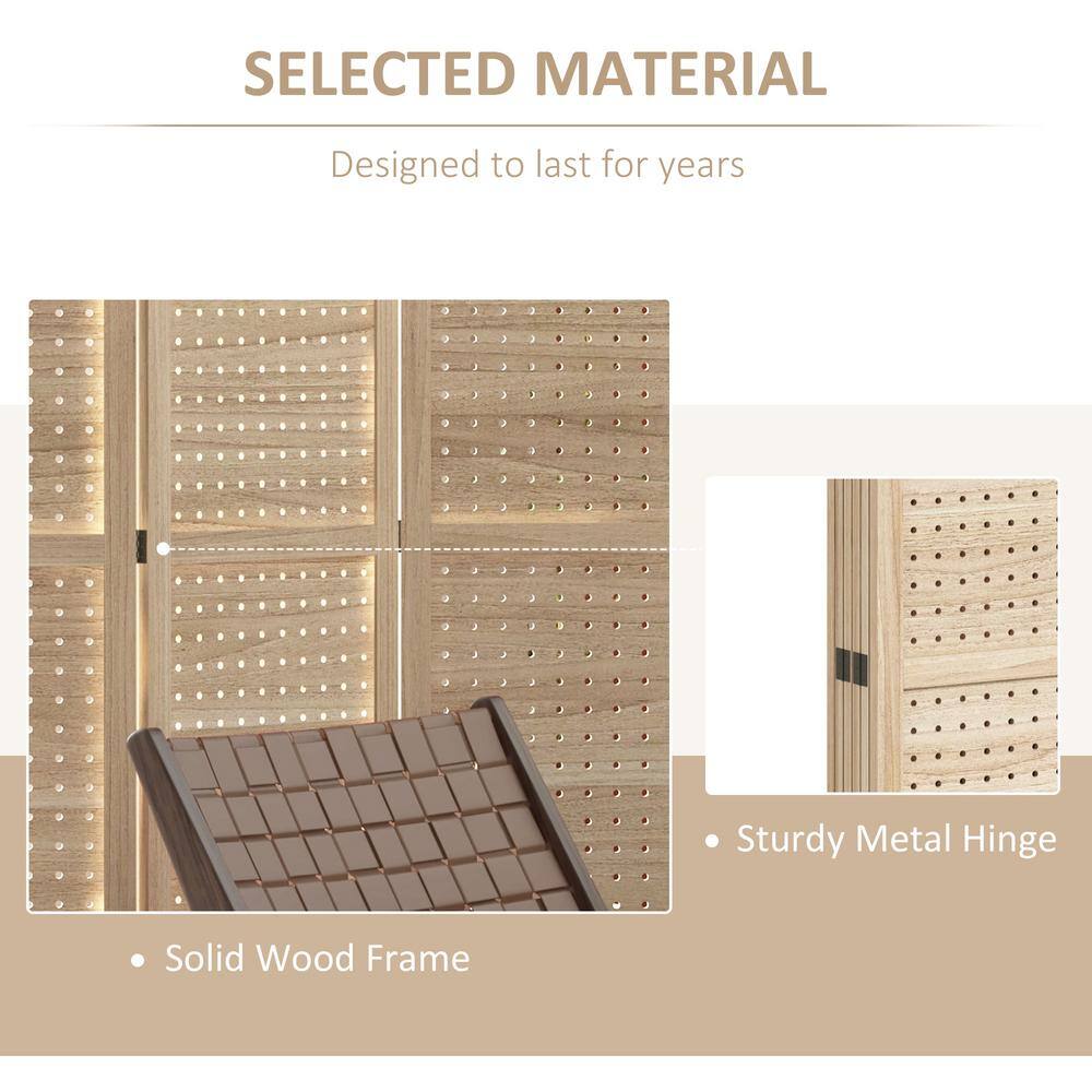Natural Wood 6-Panel Folding Room Divider with Hook Holes