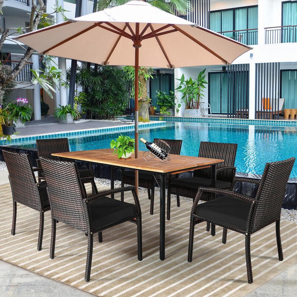 7-Piece Black Wicker and Acacia Wood Outdoor Dining Set