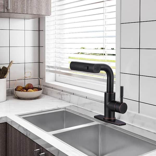Waterfall Single Handle Pull Down Sprayer Bar Faucet with Deckplate and and 3 Modes Sprayer in Oil Rubbed Bronze