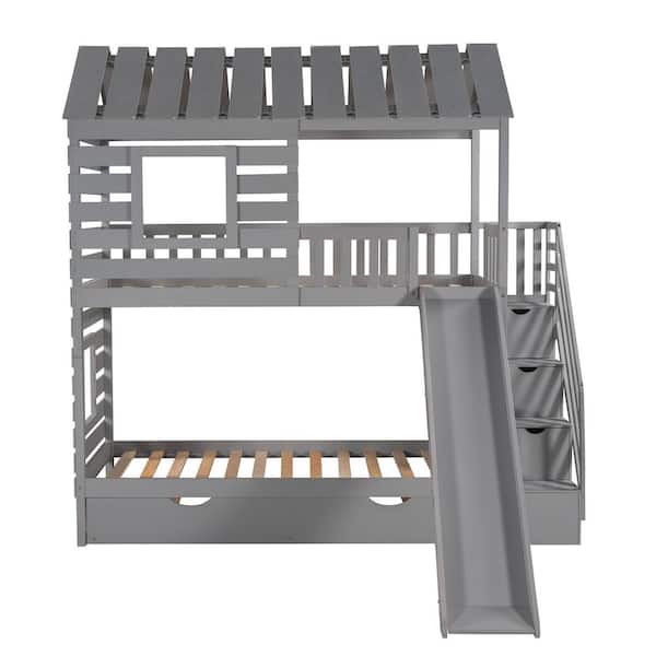STICKON Gray Over Twin Size House Bunk Bed with Trundle and Slide Storage Staircase Roof and Window Design