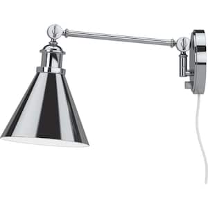 1-Light Polished Nickel Plug-In Swing Arm Wall Lamp with Rotatable Spotlight Shade and 72 in. Cord for Bedroom