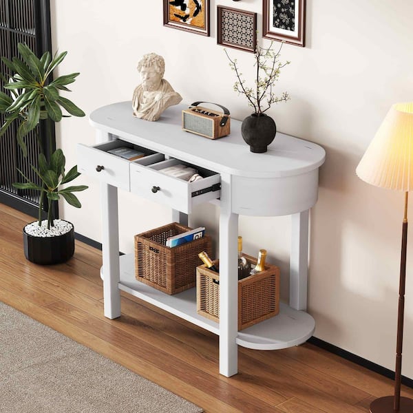 40 in. Antique White Oval Wood Console Table Entryway Table