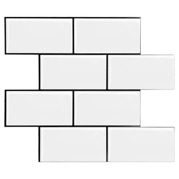 White with Black Grout 12.6 in. x 10.6 in. Vinyl Peel and Stick Backsplash Tile 10-Pack