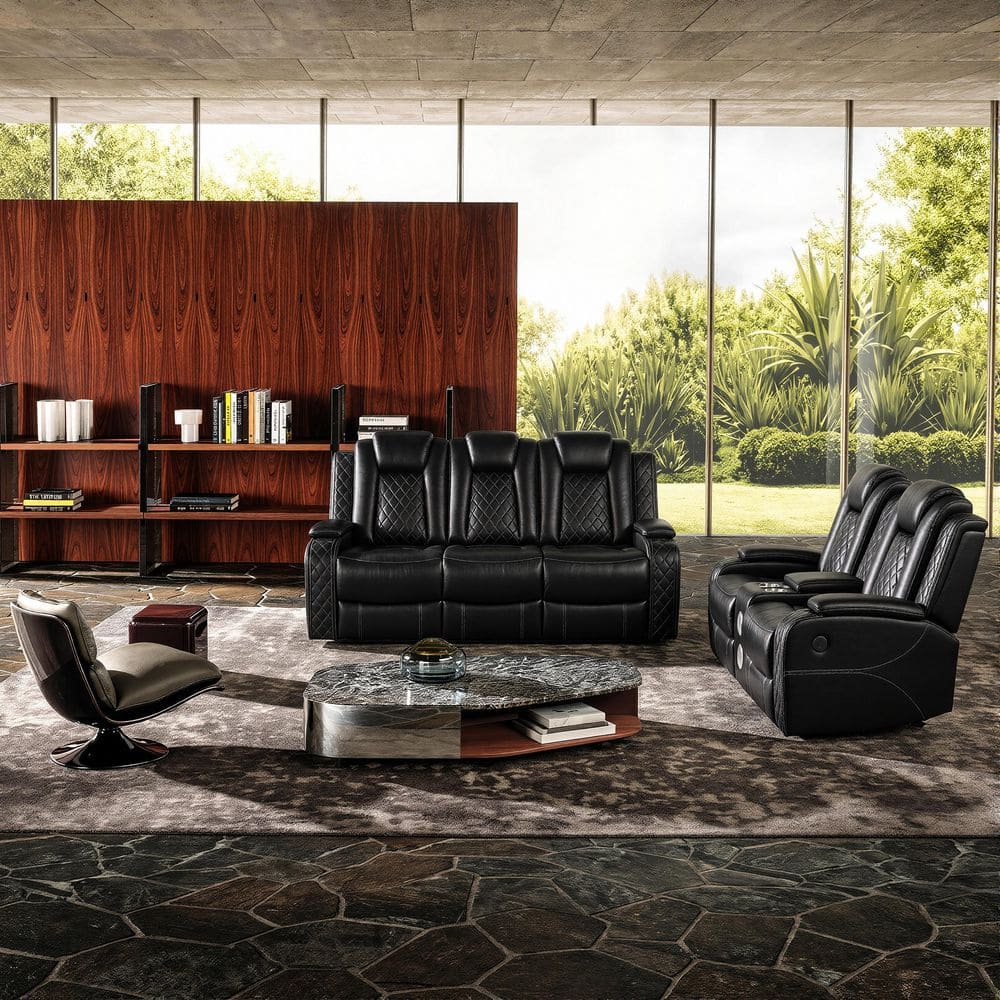 159.5 in. Pillow Top Arm 2-Piece Faux Leather Modular, Speakers, Wireless Charging, Reclining Sectional Sofa in. Black