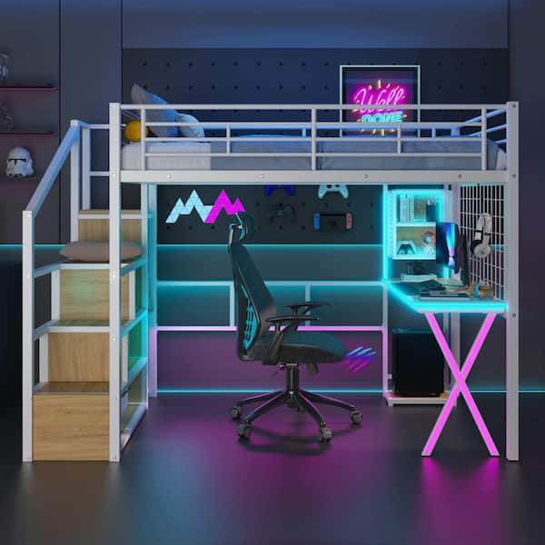 White Full Size Wood Loft Bed with Built-in Workstation, Wardrobe, Storage Staircase and LED