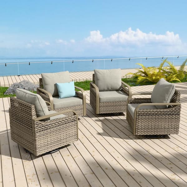 COOS BAY Brown Wicker Outdoor Rocking Chair Patio Swivel Chair with Gray Cushions 4-Pack