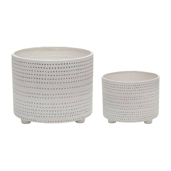 Benjara 12 in. Off White Ceramic Planter with Dotted Pattern (Set of 2)