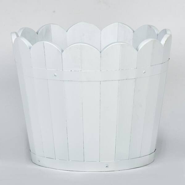 12 in. White Scalloped Acacia Wood Barrel Planters 2851E - The Home Depot