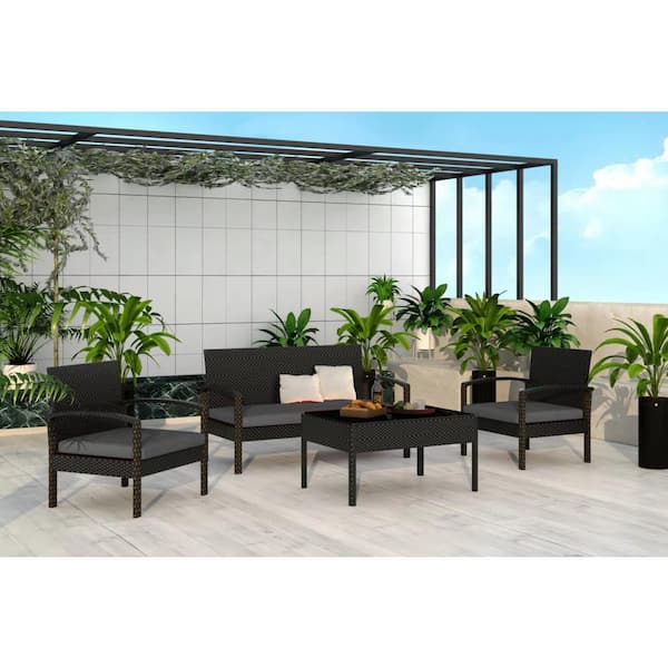 Wateday Outdoor 4-Piece Wicker Patio Conversation Set with Gray Cushions