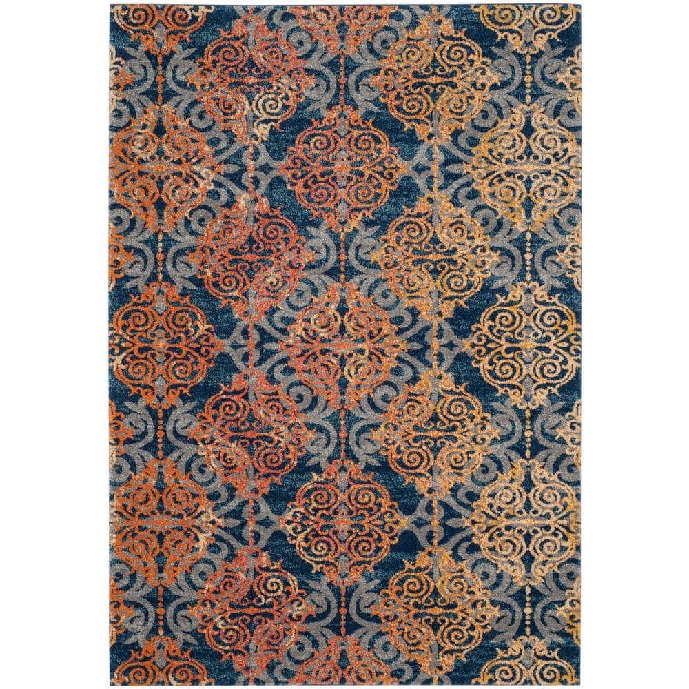 High Pile Blue and Orange Synthetic Boho Area Rug