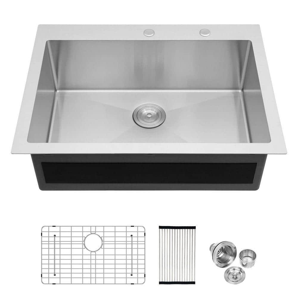 Kitchen Bottom Rim Sarlai 30 in. Top Mount/Drop-In Single Bowl 16-Gauge Brushed Nickle ...