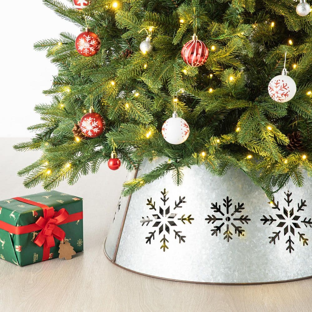 Rustic Silver Snowflake Iron Christmas Tree Collar with Lights