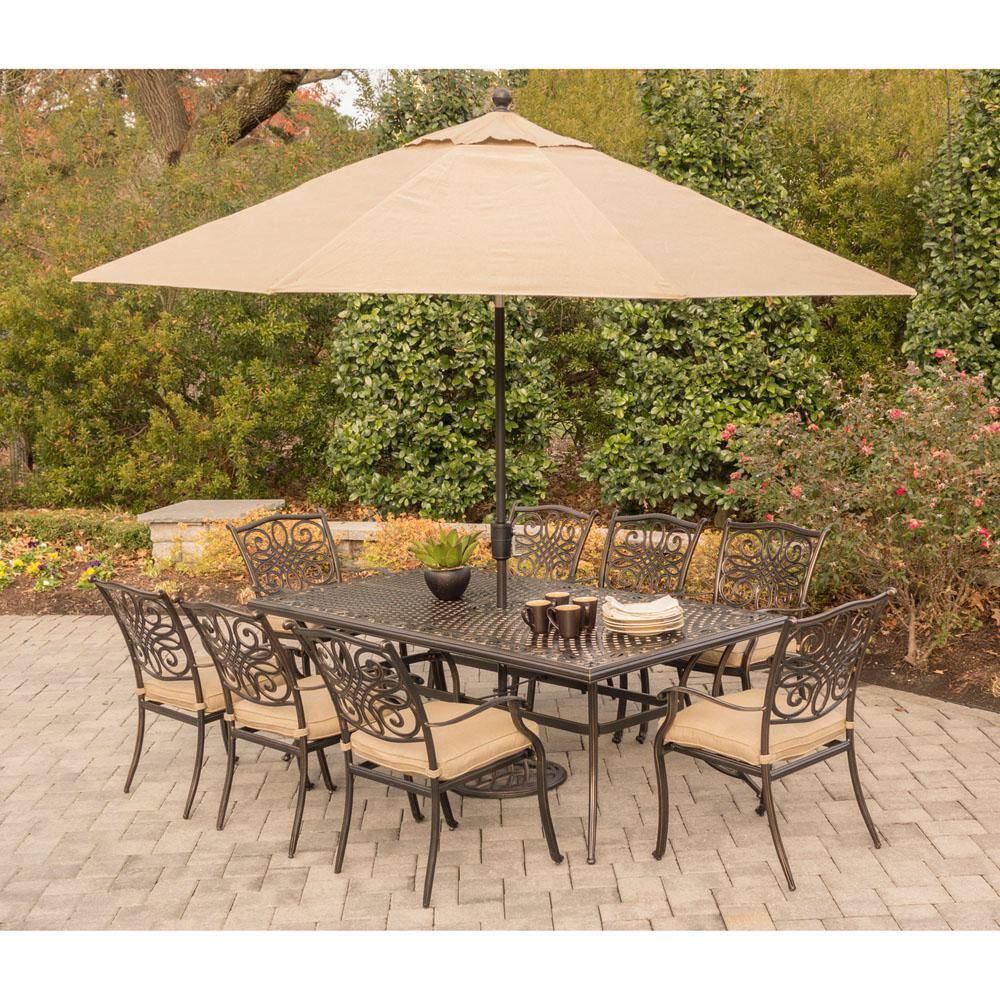 Hanover Traditions 9-Piece Tan Cushioned Aluminum Outdoor Dining Set with Umbrella