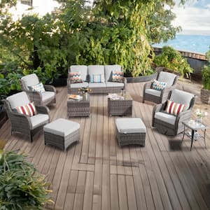 Moonlight Gray 10-Piece Wicker Patio Conversation Seating Sofa Set with Gray Cushions and Swivel Rocking Chairs