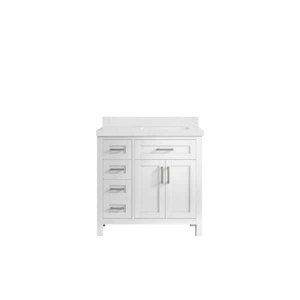 Willow Collections Cambridge 36 in. W x 22 in. D x 36 in. H Right Offset Sink Bath Vanity in White with 2 in. Empira Quartz Top