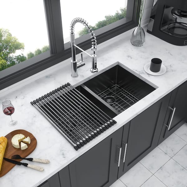 33 in. Undermount 50/50 Double Bowl 16-Gauge Gunmetal Black Stainless Steel Kitchen Sink with Bottom Grids, Drain Board