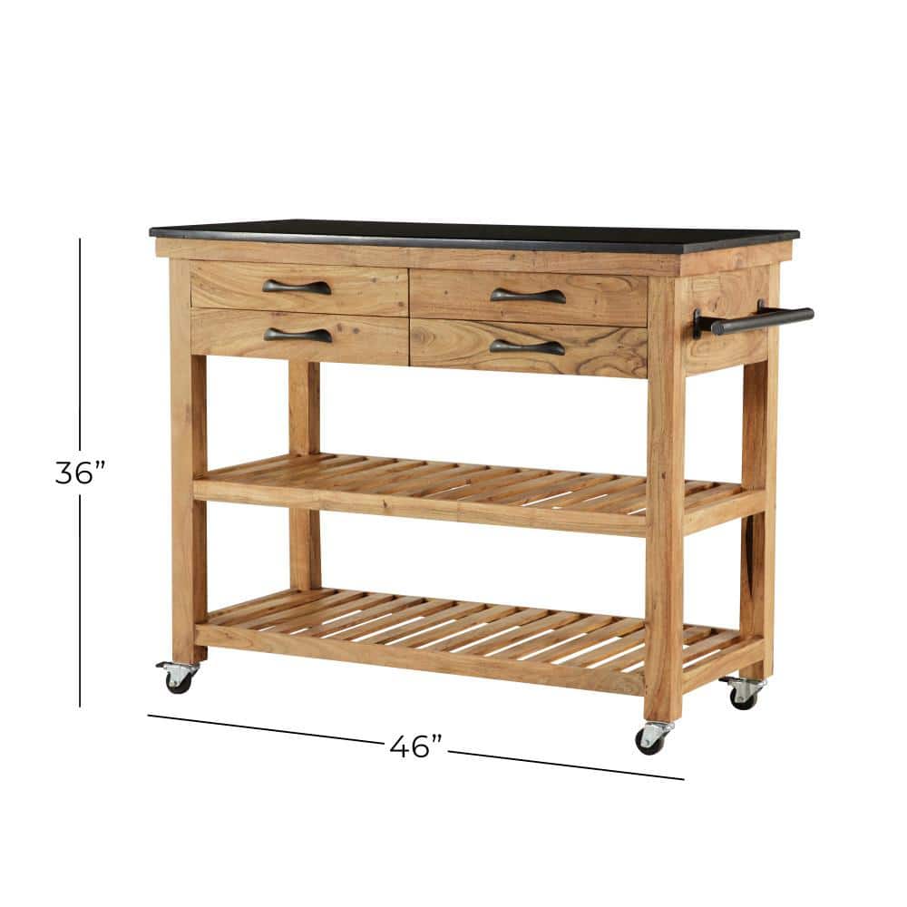 Brown Wood Kitchen Cart with Marble Top and Storage