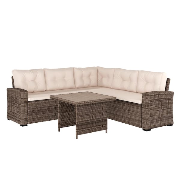 Carnegy Avenue Huck Indoor/Outdoor Brown 2-Piece L-Shaped Sectional with Coffee Table in Wicker Patio Conversation Set with Cushions