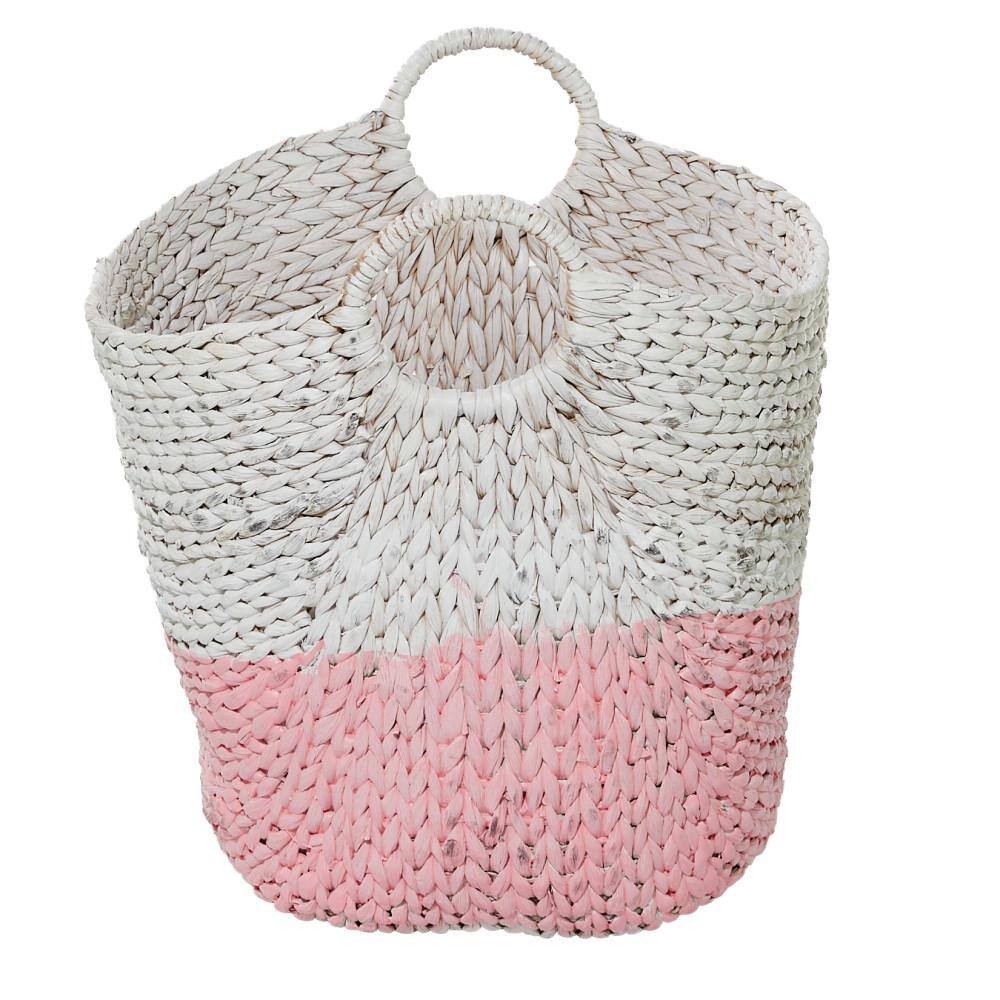 Round Seagrass 21'' Storage Basket with White and Pink Accents